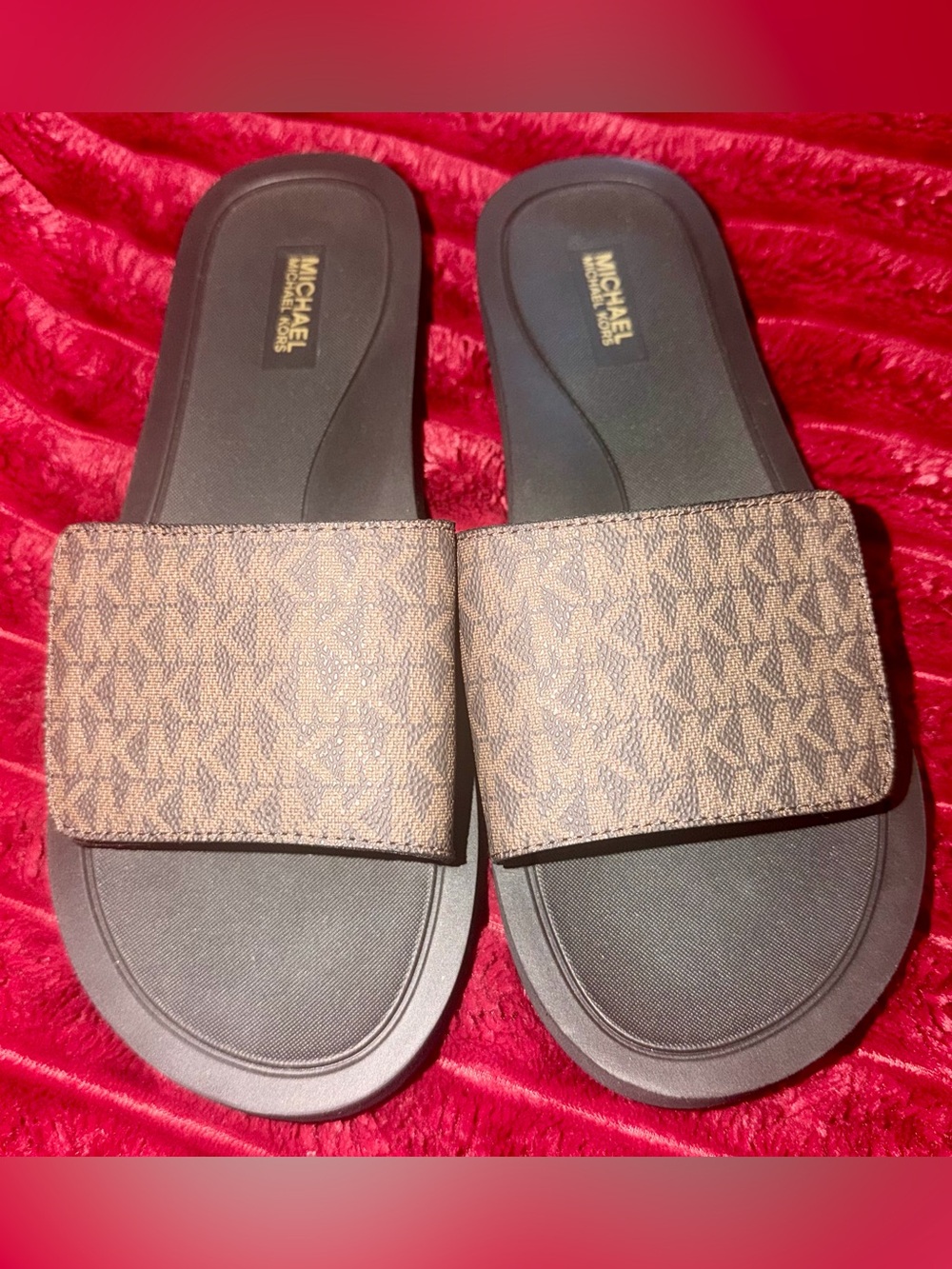 Michael Kors Brown MK Monogram Slide Sandals with Black Footbed